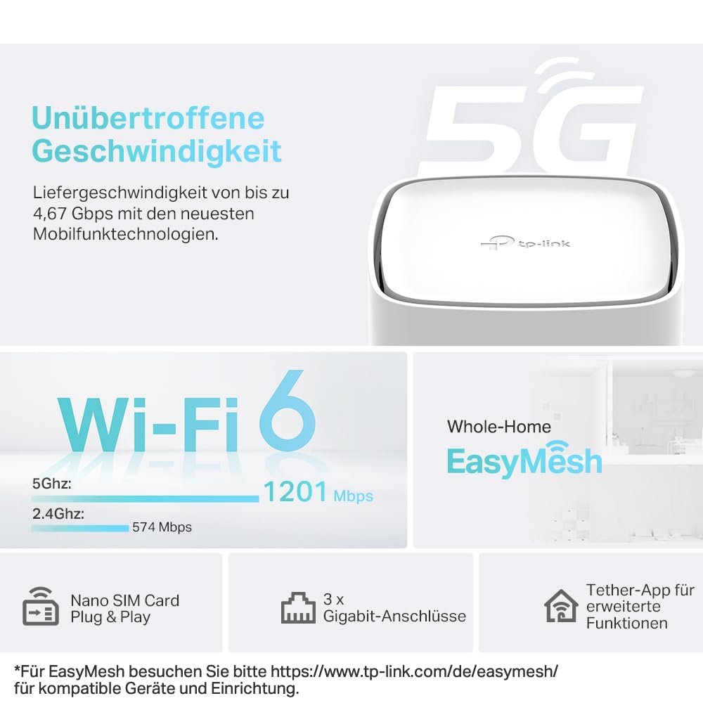 TP-Link Archer NX200 5G Router AX1800 WLAN 6 mit SIM-Karte, Dualband, 3 Gigabit-Ports, Plug-and-Play – Bild 3